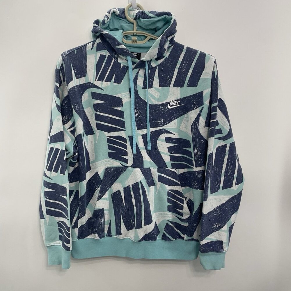 Nike Sportswear Swoosh Logo All Over Print AOP Futura Pullover Hoodie Blue Men M